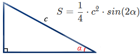 Калькулятор и формула площади прямоугольного треугольника через гипотенузу и острый угол